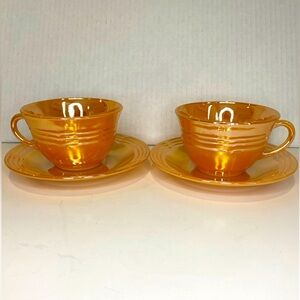 Vtg Pair of Fire King Teacups and Saucers Peach Iridescent Lustreware